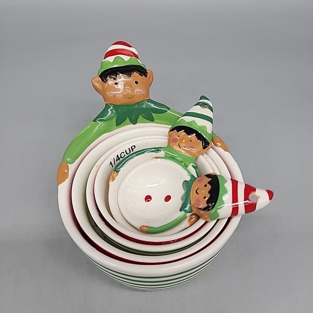 Christmas Elf Nesting Measuring Cups Spoons Set of 6  Stoneware Ceramic